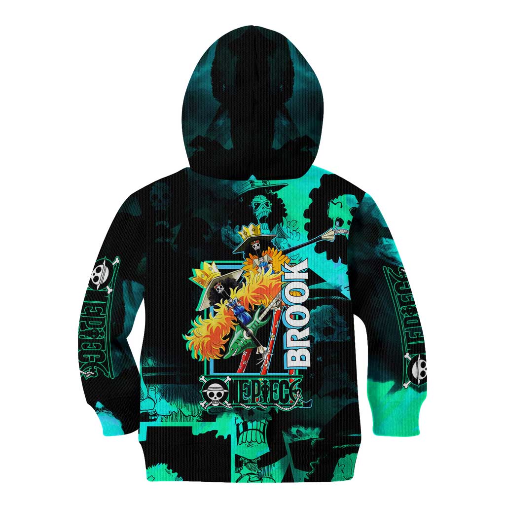 Brook One Piece Green and Black Theme Kid Hoodie with Soul King Guitar and Skeleton Jolly Roger Design - The Mazicc