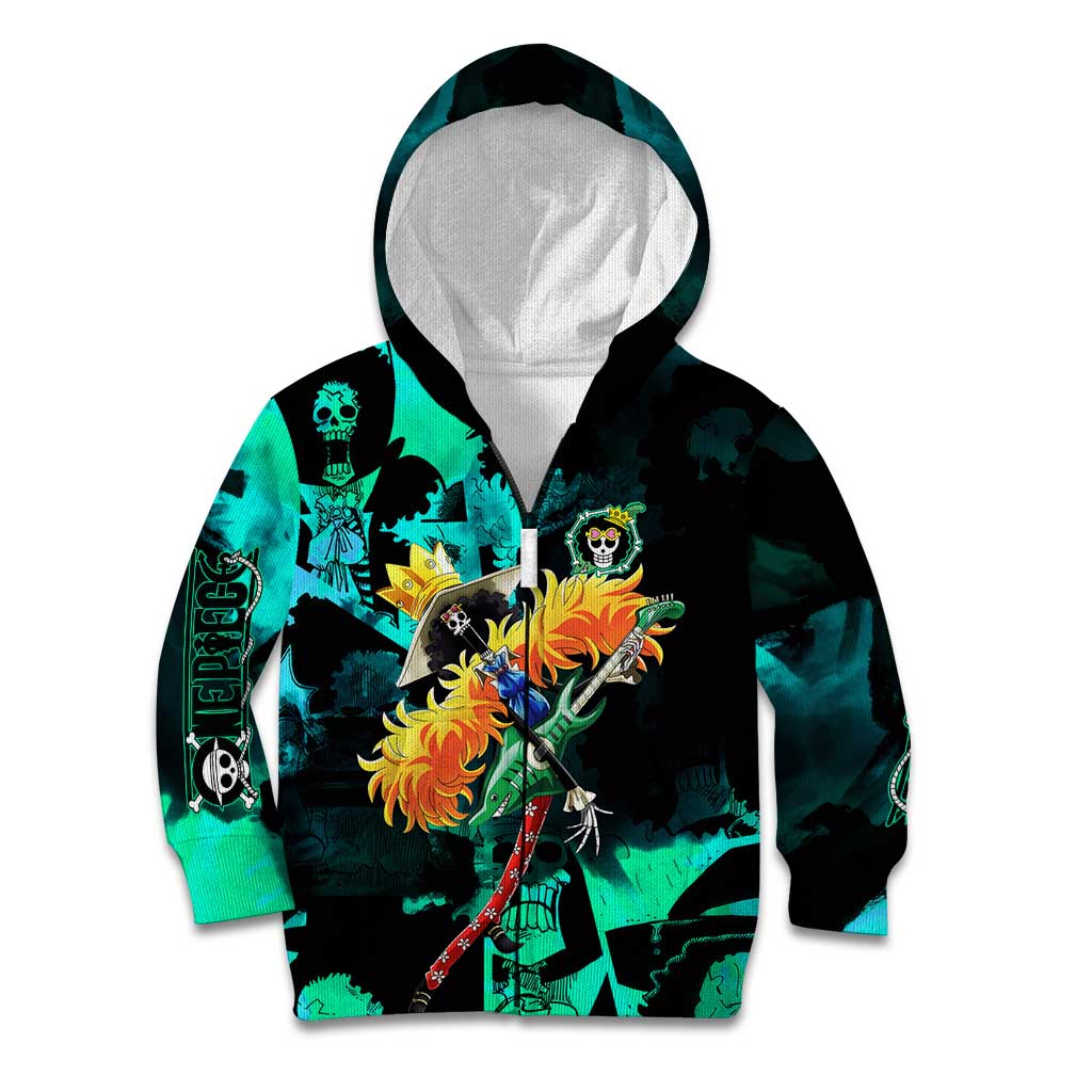 Brook One Piece Green and Black Theme Kid Hoodie with Soul King Guitar and Skeleton Jolly Roger Design - The Mazicc