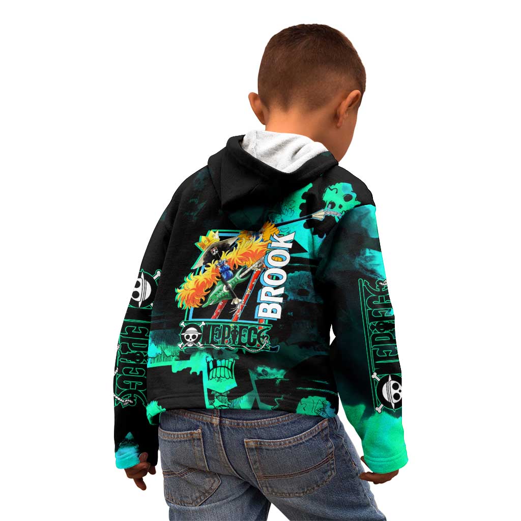 Brook One Piece Green and Black Theme Kid Hoodie with Soul King Guitar and Skeleton Jolly Roger Design - The Mazicc