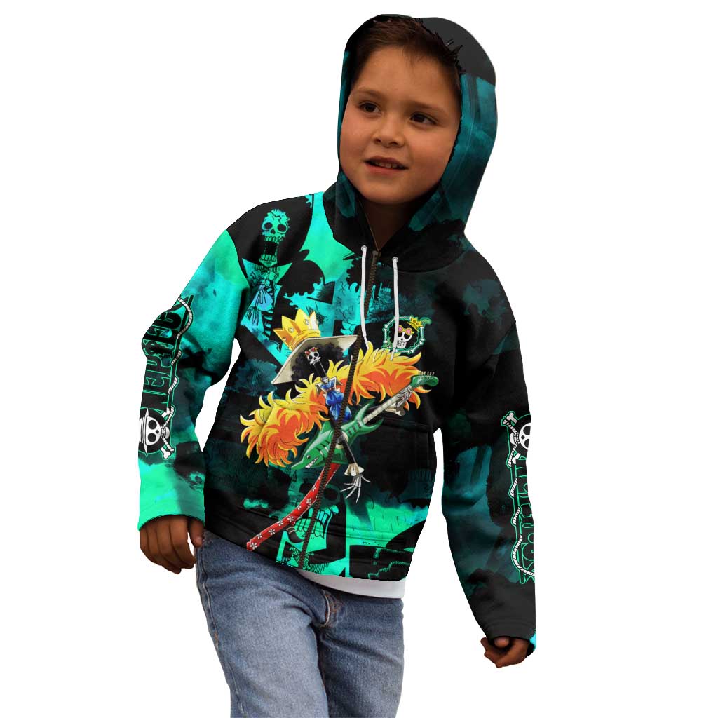 Brook One Piece Green and Black Theme Kid Hoodie with Soul King Guitar and Skeleton Jolly Roger Design - The Mazicc