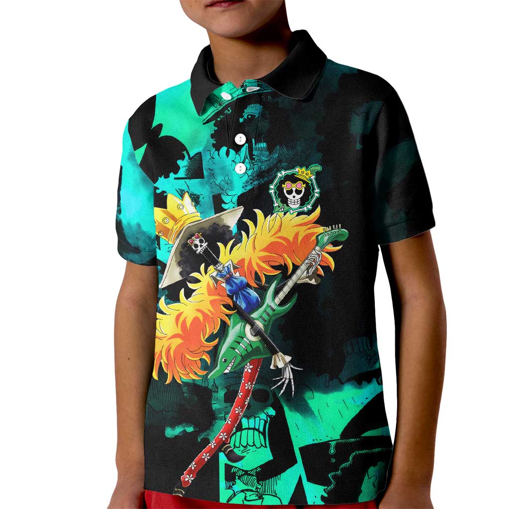 Brook One Piece Green and Black Theme Kid Polo Shirt with Soul King Guitar and Skeleton Jolly Roger Design - The Mazicc