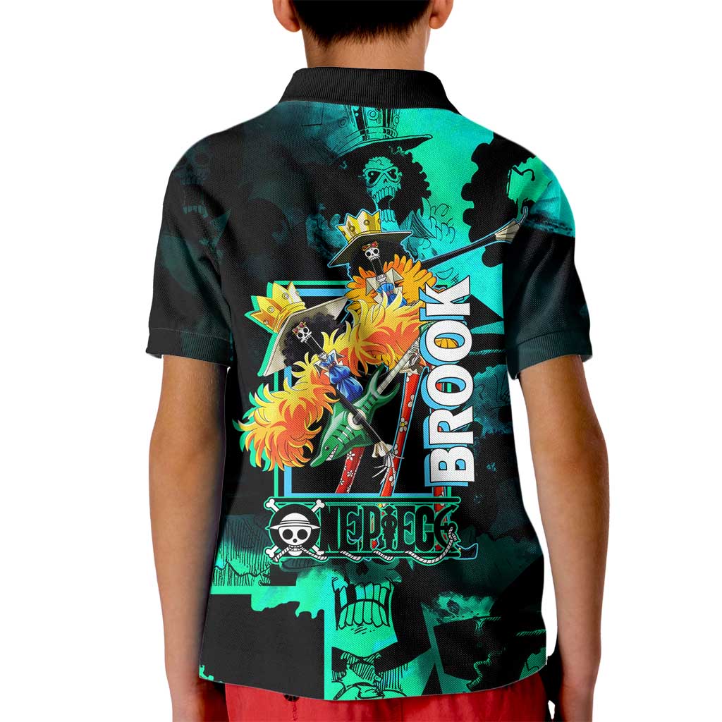 Brook One Piece Green and Black Theme Kid Polo Shirt with Soul King Guitar and Skeleton Jolly Roger Design - The Mazicc