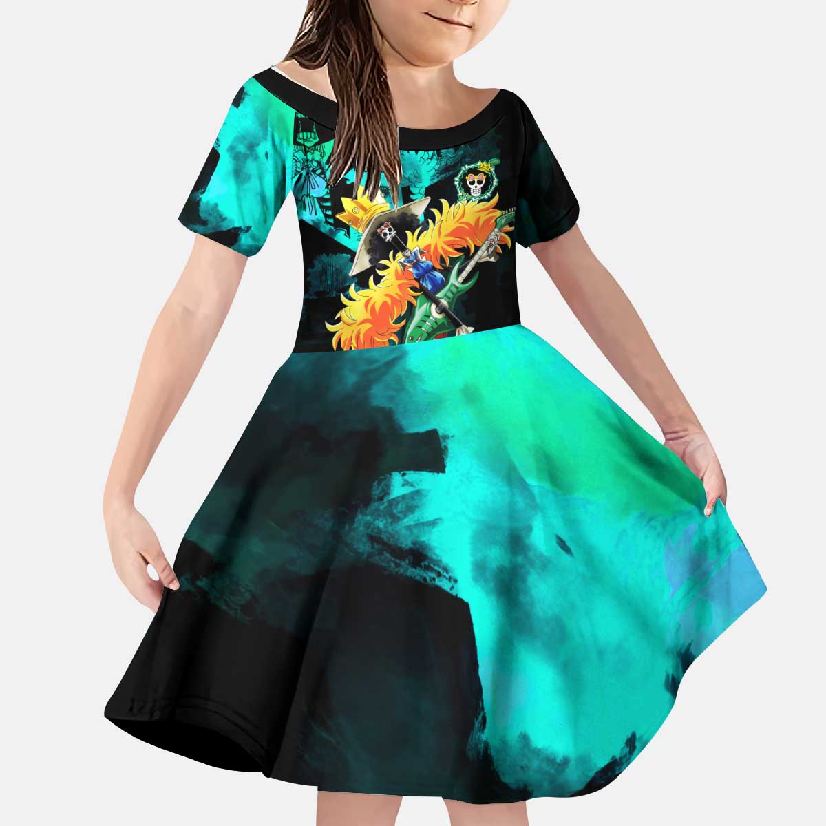 Brook One Piece Green and Black Theme Kid Short Sleeve Dress with Soul King Guitar and Skeleton Jolly Roger Design - The Mazicc