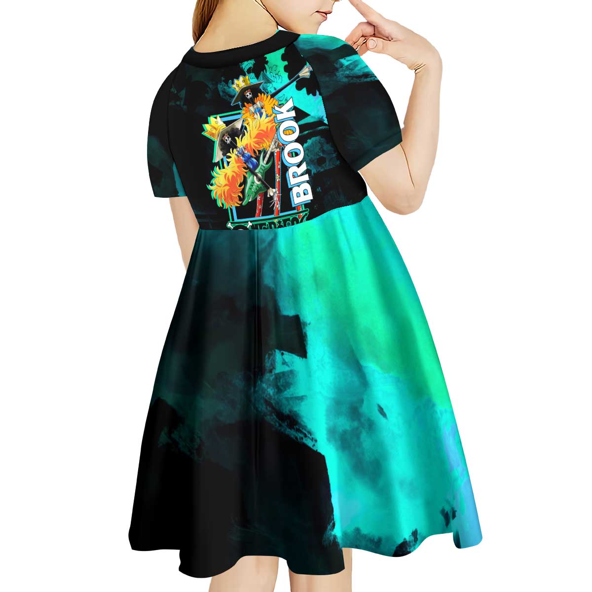 Brook One Piece Green and Black Theme Kid Short Sleeve Dress with Soul King Guitar and Skeleton Jolly Roger Design - The Mazicc