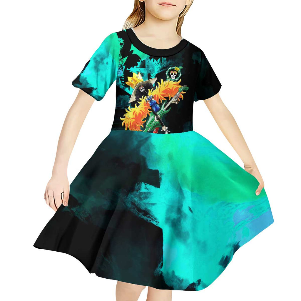 Brook One Piece Green and Black Theme Kid Short Sleeve Dress with Soul King Guitar and Skeleton Jolly Roger Design - The Mazicc