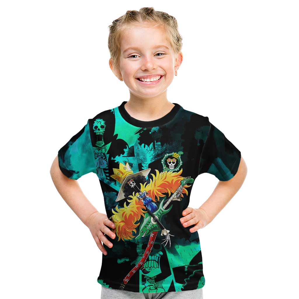 Brook One Piece Green and Black Theme Kid T Shirt with Soul King Guitar and Skeleton Jolly Roger Design - The Mazicc