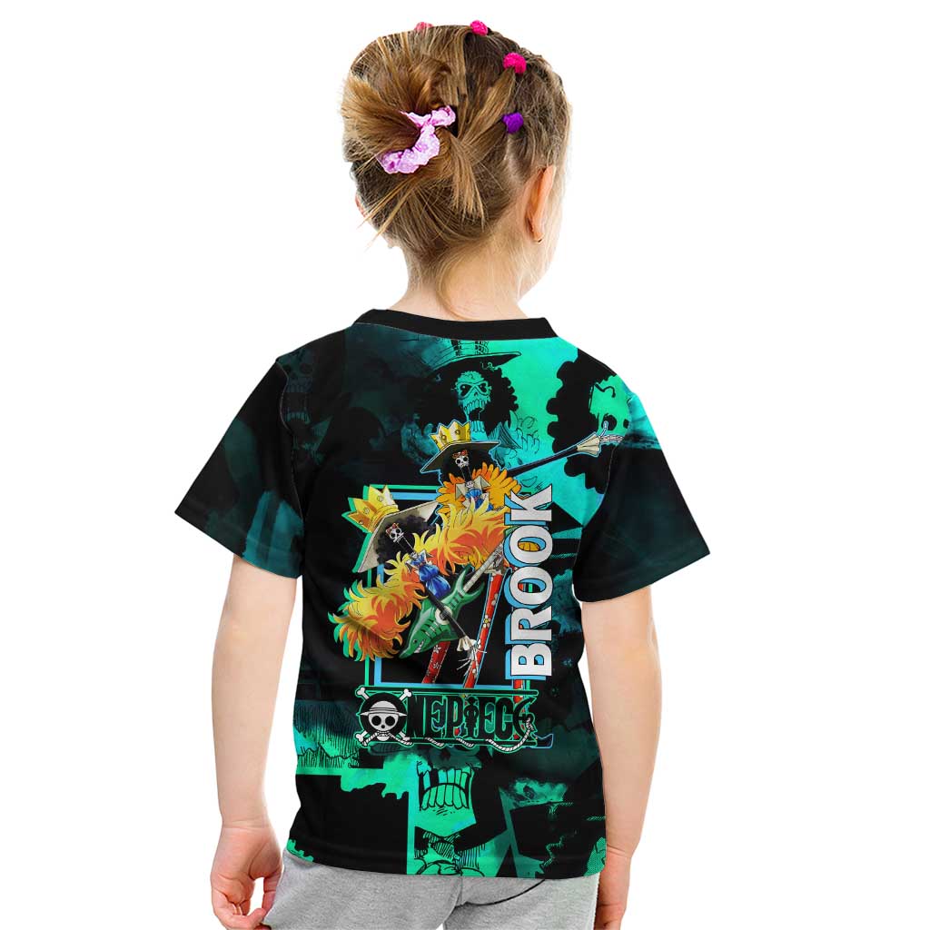 Brook One Piece Green and Black Theme Kid T Shirt with Soul King Guitar and Skeleton Jolly Roger Design - The Mazicc