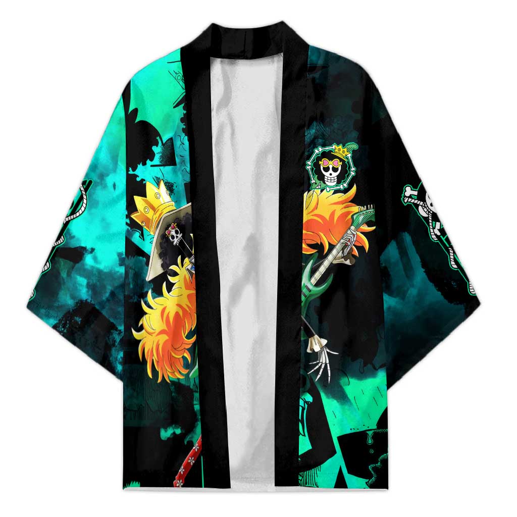 Brook One Piece Green and Black Theme Kimono with Soul King Guitar and Skeleton Jolly Roger Design - The Mazicc