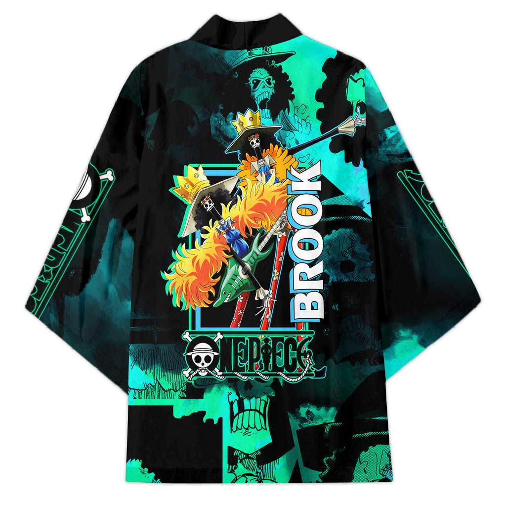 Brook One Piece Green and Black Theme Kimono with Soul King Guitar and Skeleton Jolly Roger Design - The Mazicc
