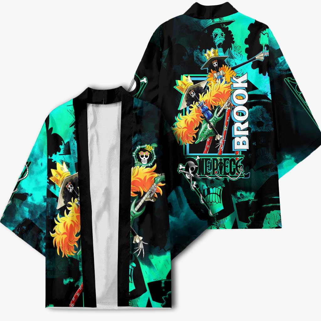 Brook One Piece Green and Black Theme Kimono with Soul King Guitar and Skeleton Jolly Roger Design - The Mazicc