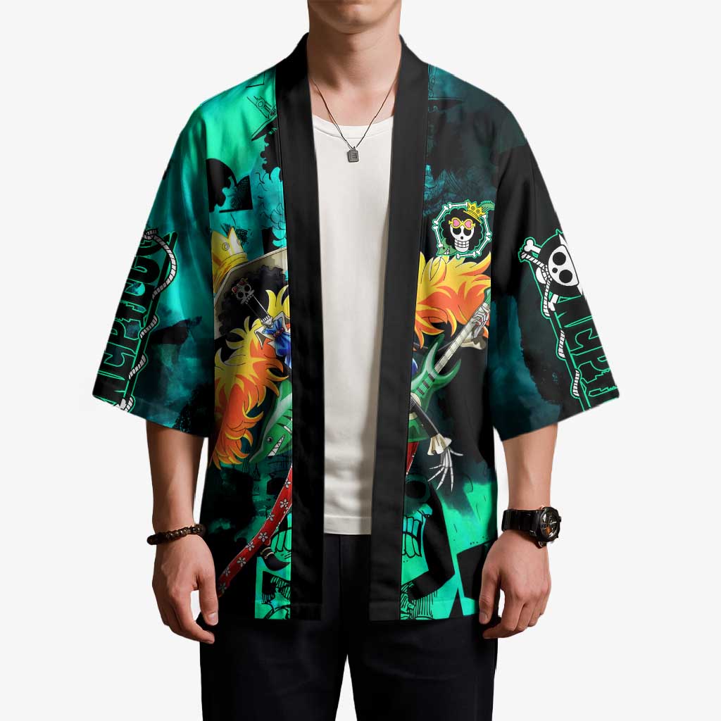 Brook One Piece Green and Black Theme Kimono with Soul King Guitar and Skeleton Jolly Roger Design - The Mazicc