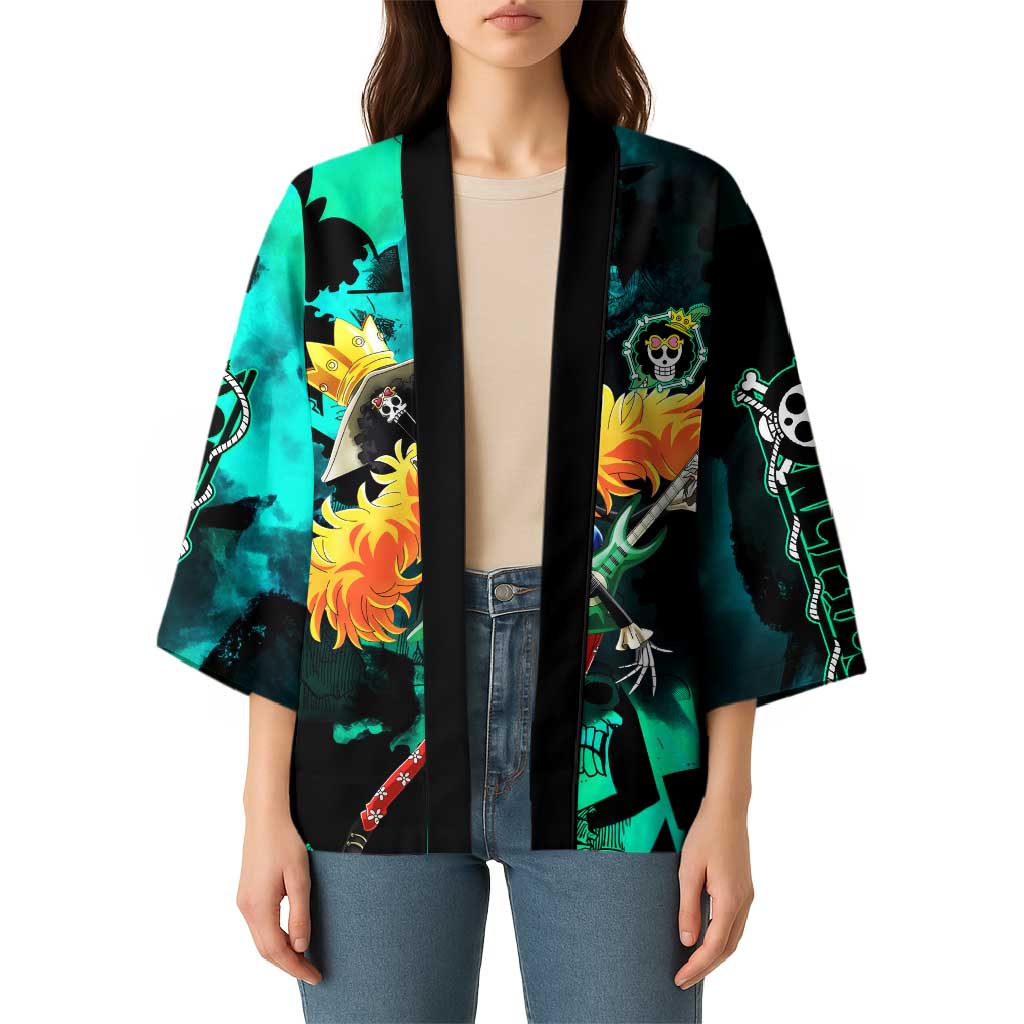 Brook One Piece Green and Black Theme Kimono with Soul King Guitar and Skeleton Jolly Roger Design - The Mazicc