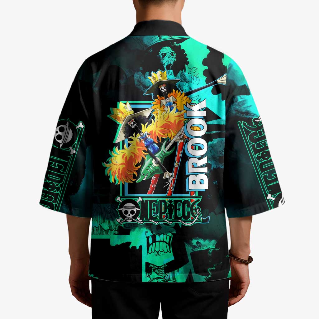Brook One Piece Green and Black Theme Kimono with Soul King Guitar and Skeleton Jolly Roger Design - The Mazicc