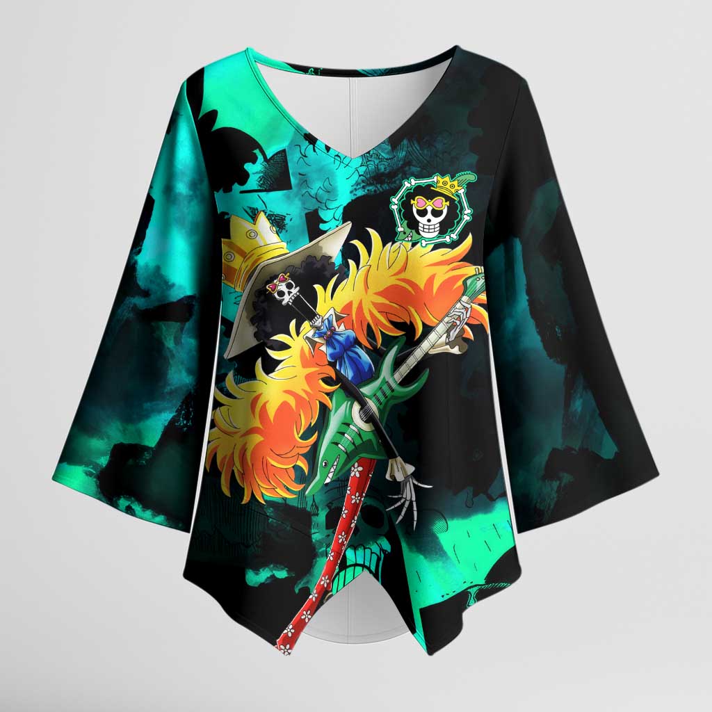 Brook One Piece Green and Black Theme Kimono Sleeve Blouse with Soul King Guitar and Skeleton Jolly Roger Design - The Mazicc