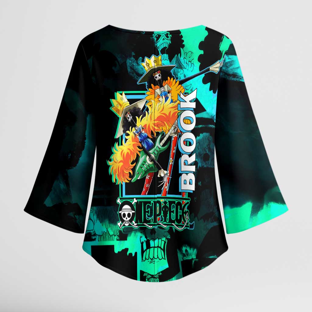 Brook One Piece Green and Black Theme Kimono Sleeve Blouse with Soul King Guitar and Skeleton Jolly Roger Design - The Mazicc