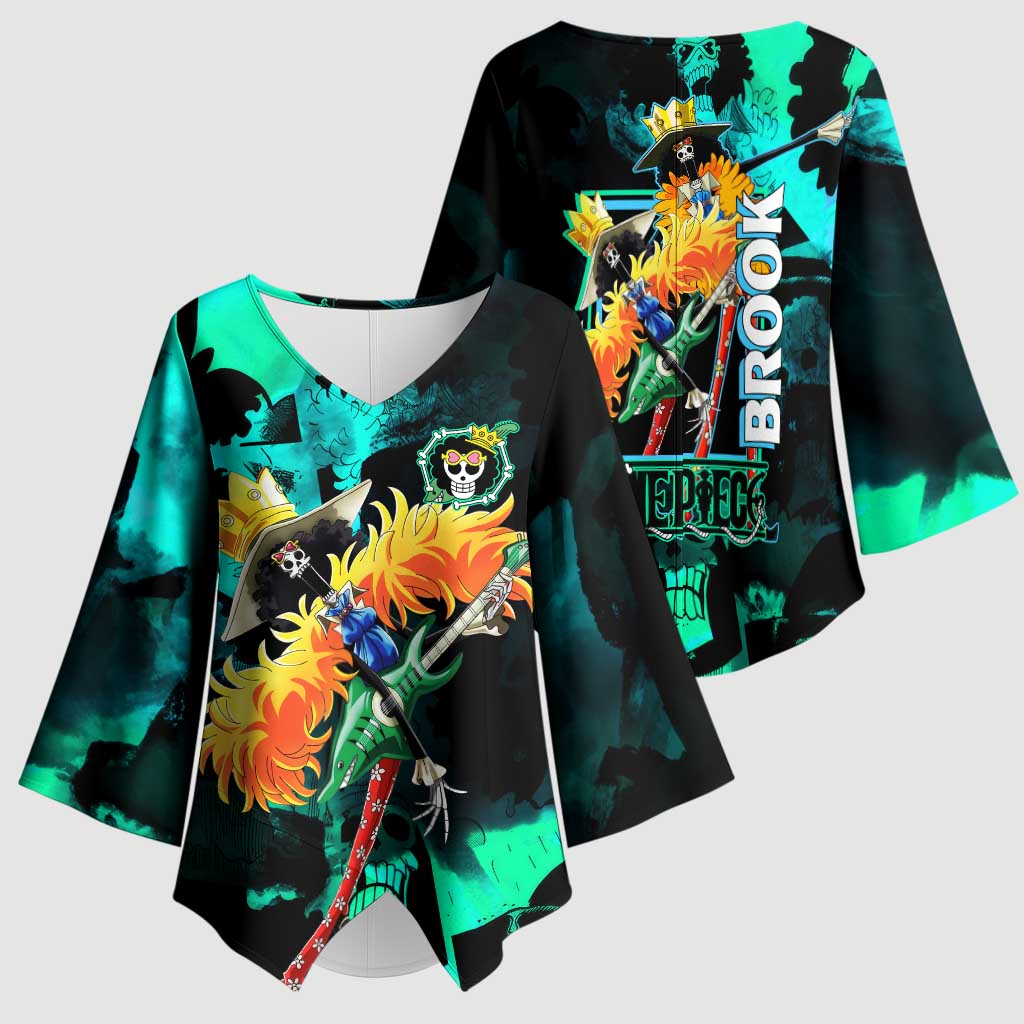 Brook One Piece Green and Black Theme Kimono Sleeve Blouse with Soul King Guitar and Skeleton Jolly Roger Design - The Mazicc