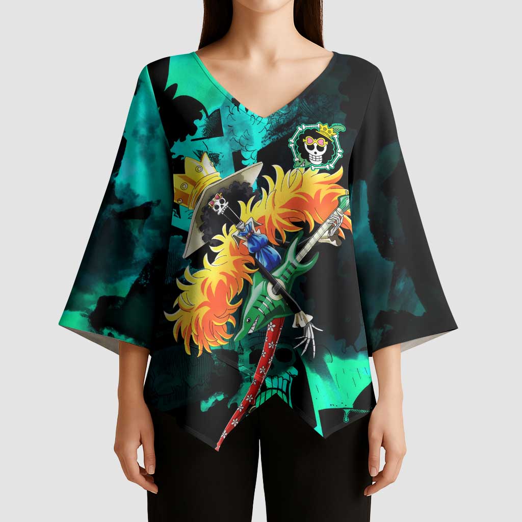 Brook One Piece Green and Black Theme Kimono Sleeve Blouse with Soul King Guitar and Skeleton Jolly Roger Design - The Mazicc