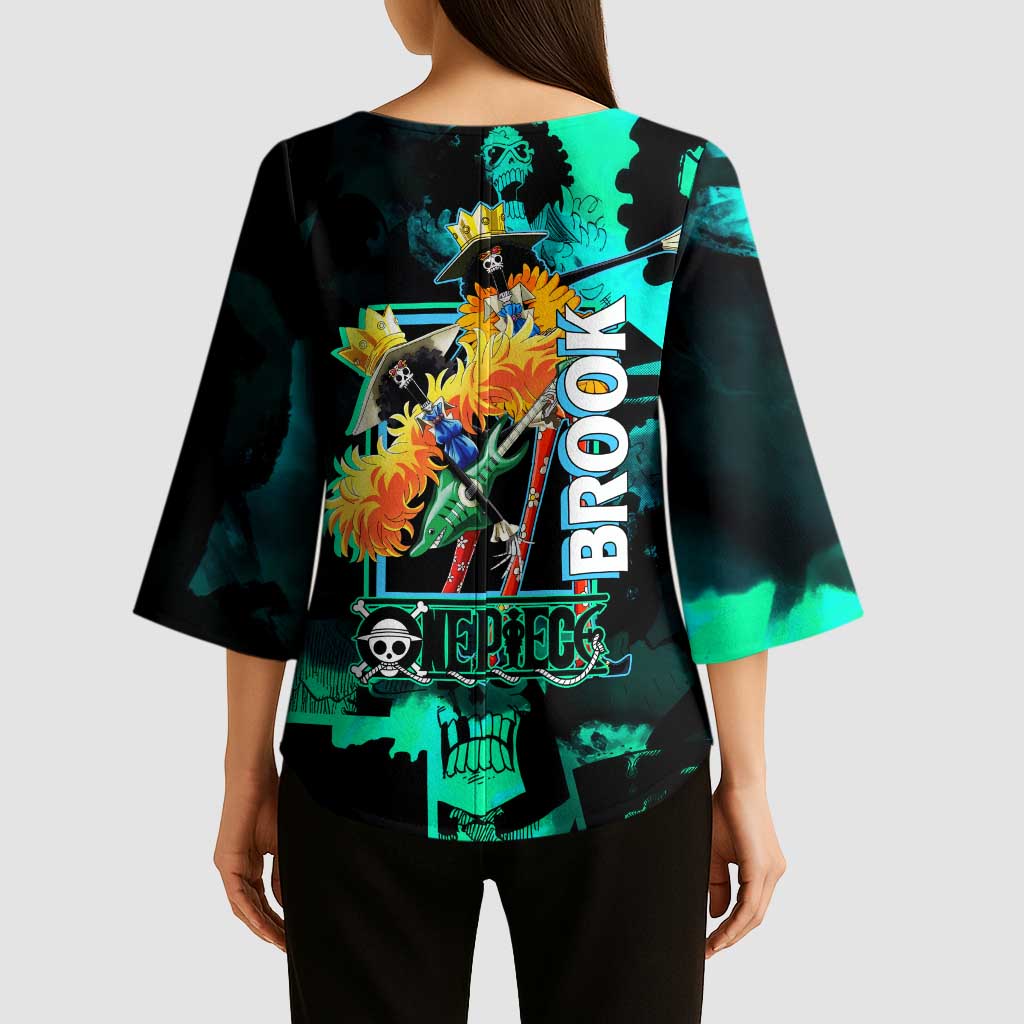 Brook One Piece Green and Black Theme Kimono Sleeve Blouse with Soul King Guitar and Skeleton Jolly Roger Design - The Mazicc