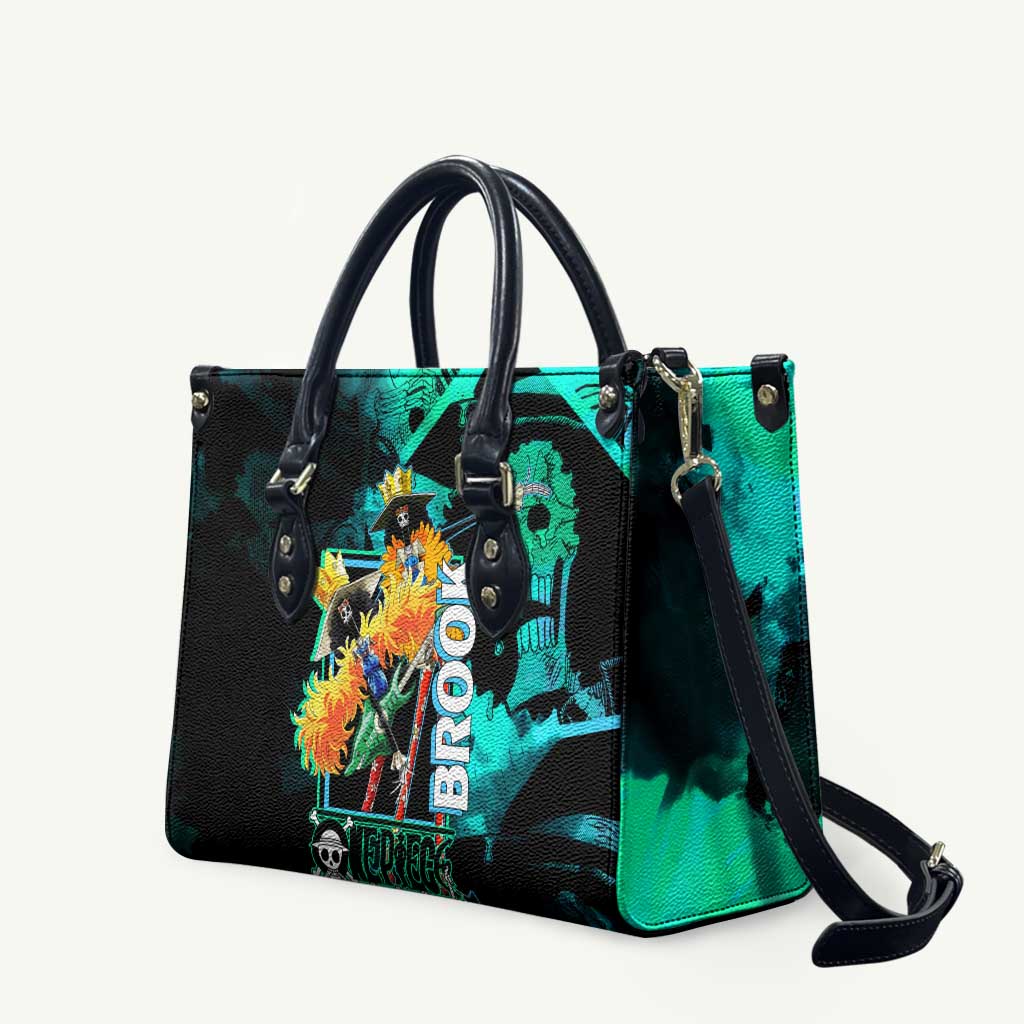 Brook One Piece Green and Black Theme Leather Bag with Soul King Guitar and Skeleton Jolly Roger Design - The Mazicc
