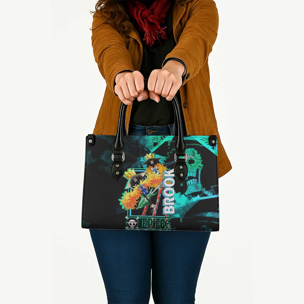 Brook One Piece Green and Black Theme Leather Bag with Soul King Guitar and Skeleton Jolly Roger Design - The Mazicc