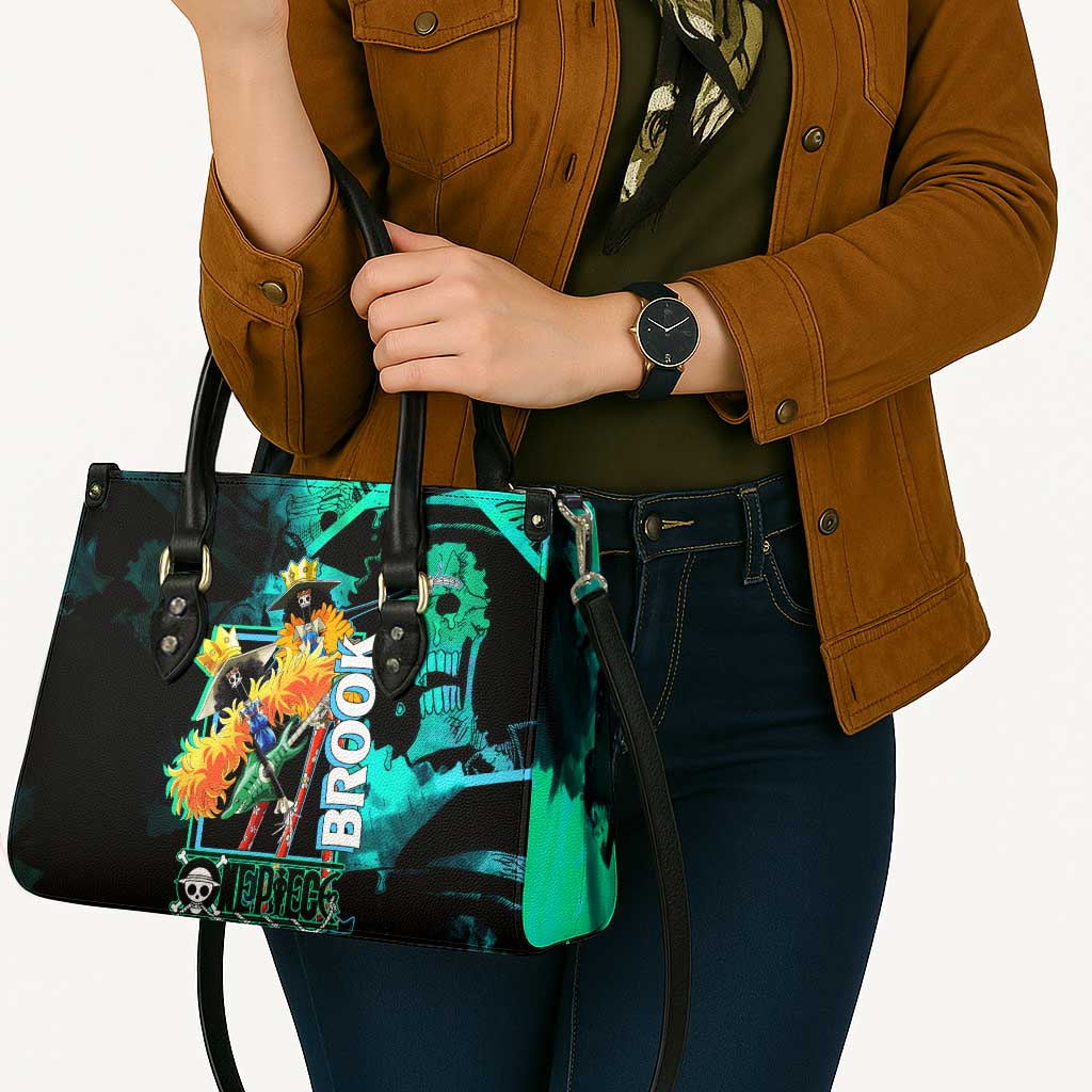 Brook One Piece Green and Black Theme Leather Bag with Soul King Guitar and Skeleton Jolly Roger Design - The Mazicc