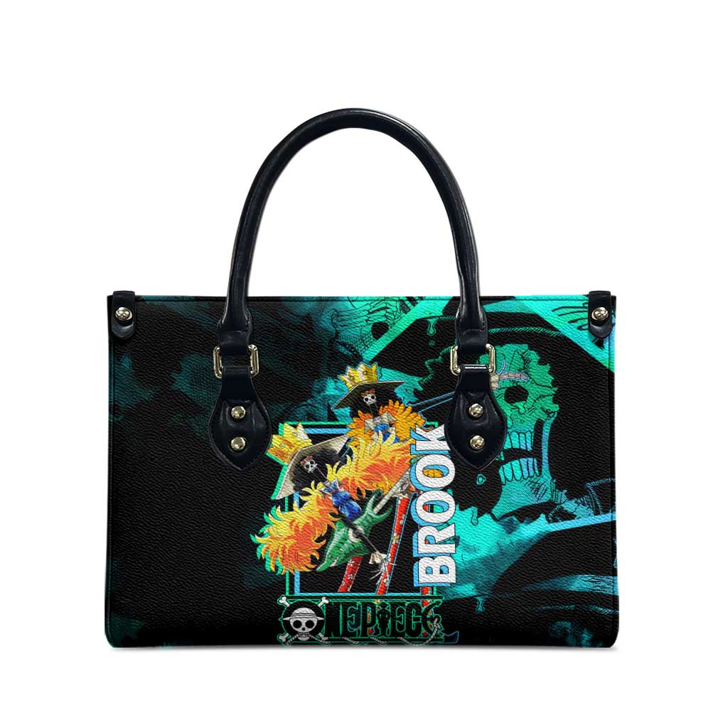 Brook One Piece Green and Black Theme Leather Bag with Soul King Guitar and Skeleton Jolly Roger Design - The Mazicc