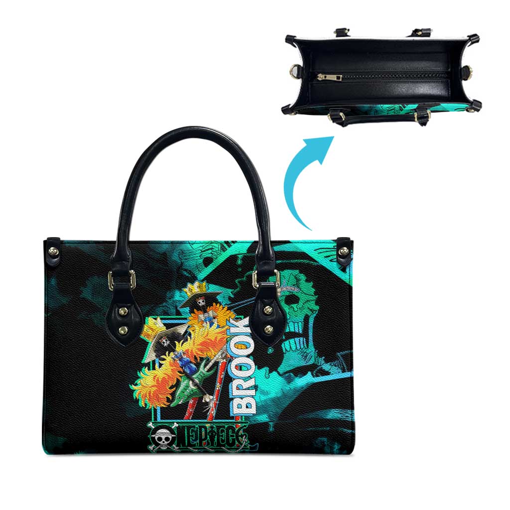 Brook One Piece Green and Black Theme Leather Bag with Soul King Guitar and Skeleton Jolly Roger Design - The Mazicc