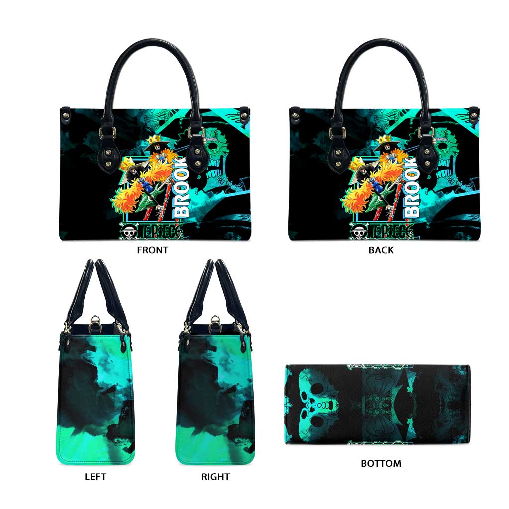 Brook One Piece Green and Black Theme Leather Bag with Soul King Guitar and Skeleton Jolly Roger Design - The Mazicc