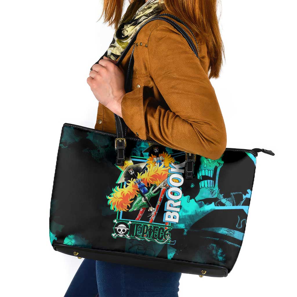 Brook One Piece Green and Black Theme Leather Tote Bag with Soul King Guitar and Skeleton Jolly Roger Design - The Mazicc