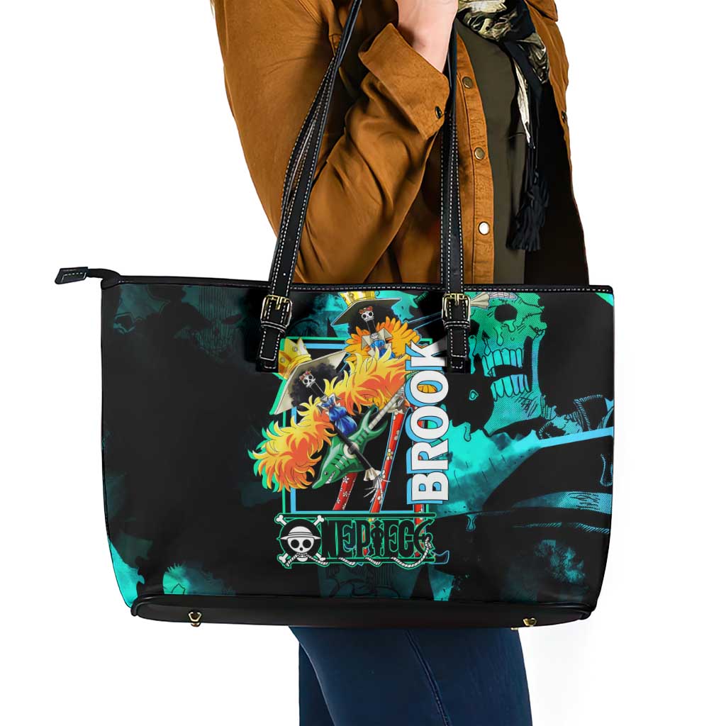 Brook One Piece Green and Black Theme Leather Tote Bag with Soul King Guitar and Skeleton Jolly Roger Design - The Mazicc