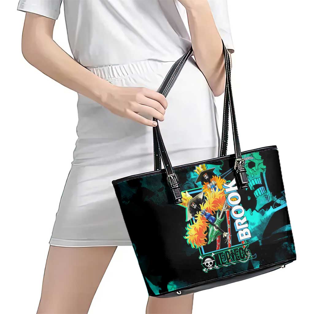 Brook One Piece Green and Black Theme Leather Tote Bag with Soul King Guitar and Skeleton Jolly Roger Design - The Mazicc