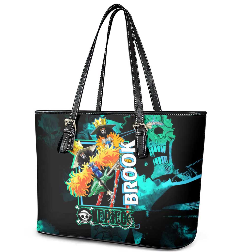 Brook One Piece Green and Black Theme Leather Tote Bag with Soul King Guitar and Skeleton Jolly Roger Design - The Mazicc