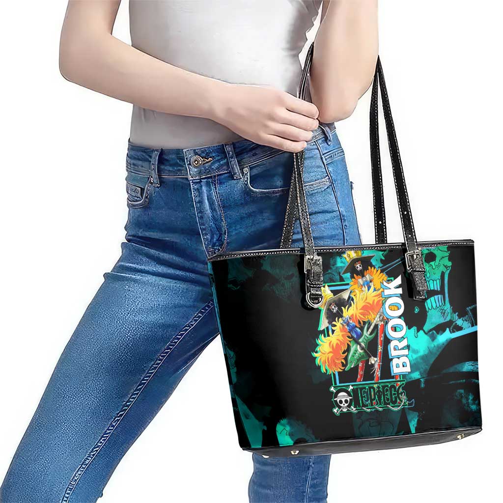 Brook One Piece Green and Black Theme Leather Tote Bag with Soul King Guitar and Skeleton Jolly Roger Design - The Mazicc