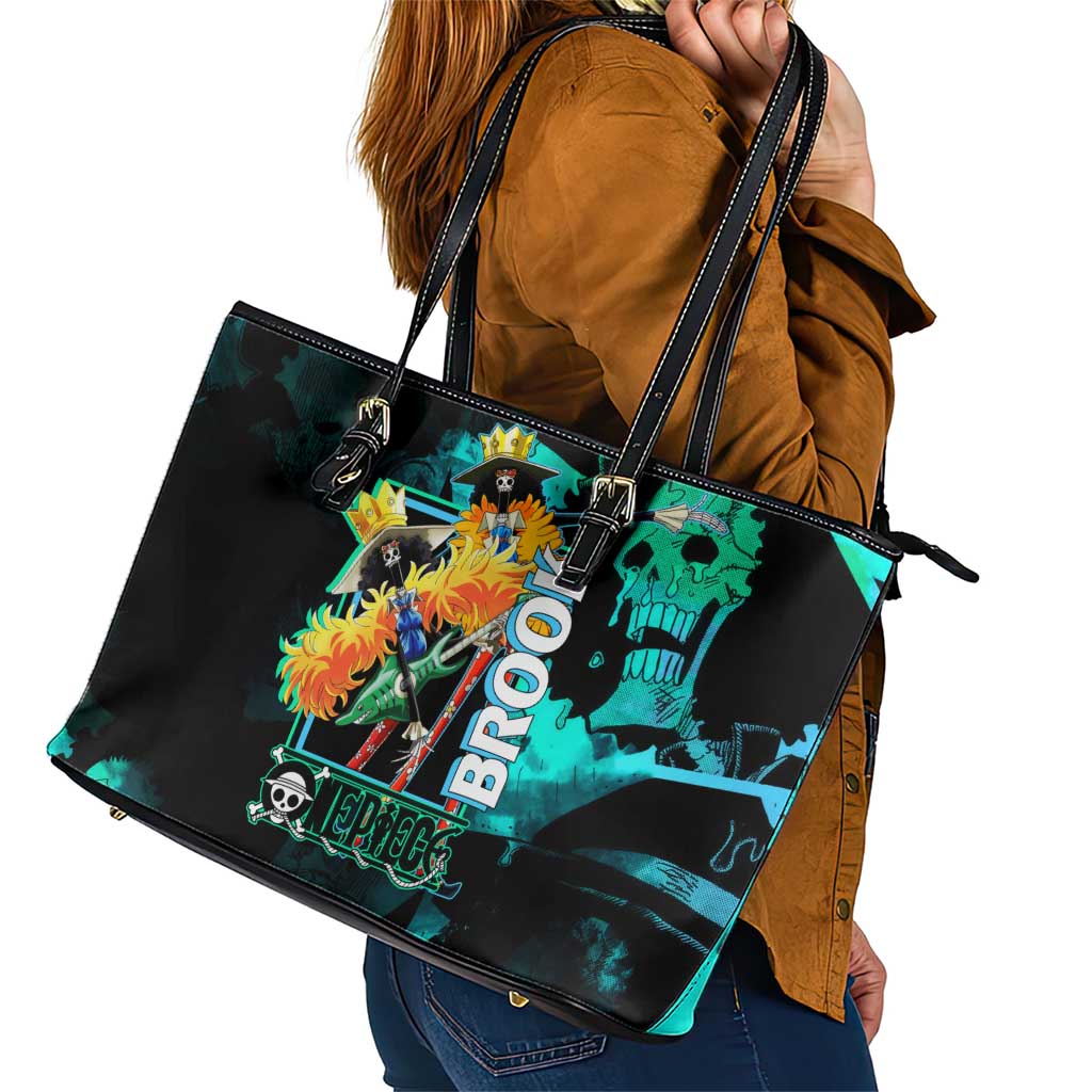 Brook One Piece Green and Black Theme Leather Tote Bag with Soul King Guitar and Skeleton Jolly Roger Design - The Mazicc