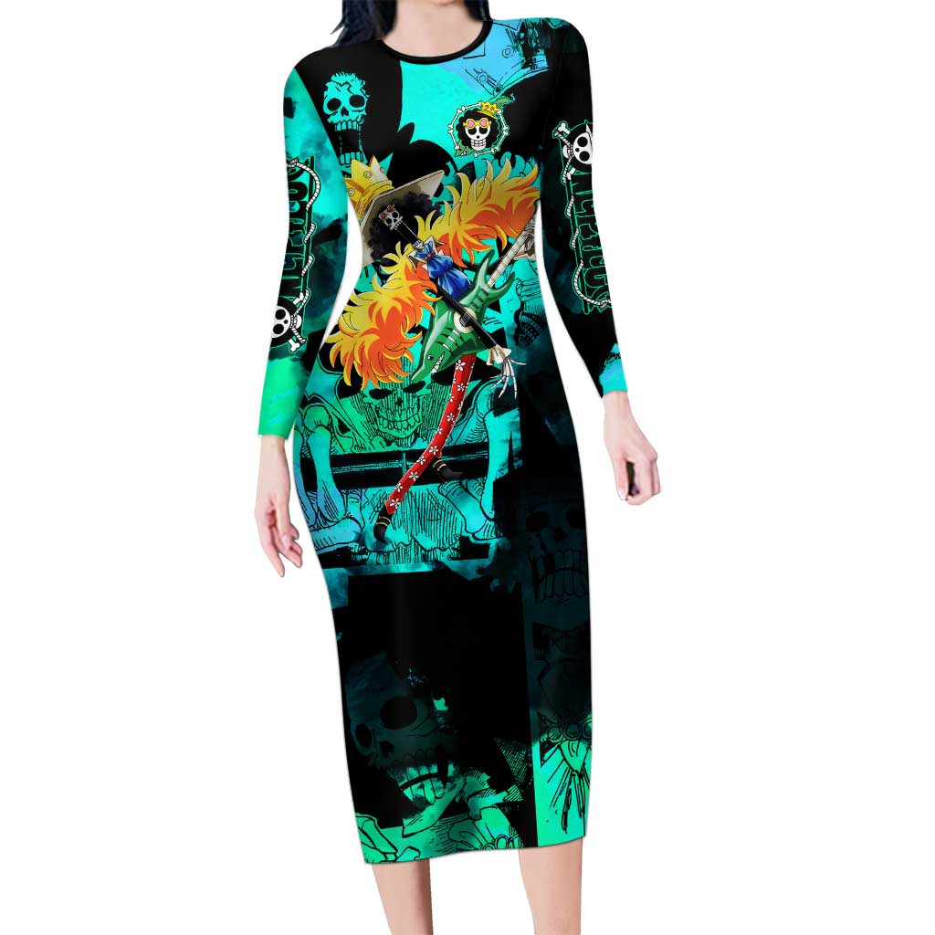 Brook One Piece Green and Black Theme Long Sleeve Bodycon Dress with Soul King Guitar and Skeleton Jolly Roger Design - The Mazicc