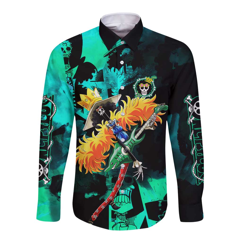 Brook One Piece Green and Black Theme Long Sleeve Button Shirt with Soul King Guitar and Skeleton Jolly Roger Design - The Mazicc
