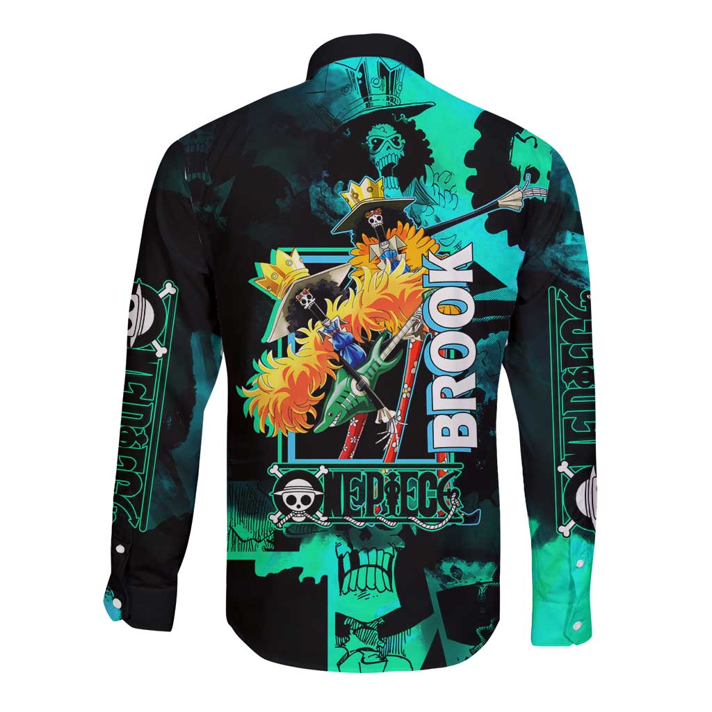 Brook One Piece Green and Black Theme Long Sleeve Button Shirt with Soul King Guitar and Skeleton Jolly Roger Design - The Mazicc