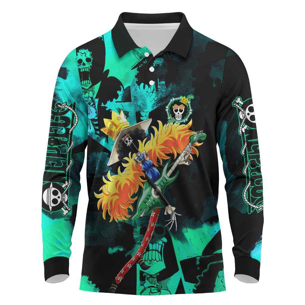 Brook One Piece Green and Black Theme Long Sleeve Polo Shirt with Soul King Guitar and Skeleton Jolly Roger Design - The Mazicc
