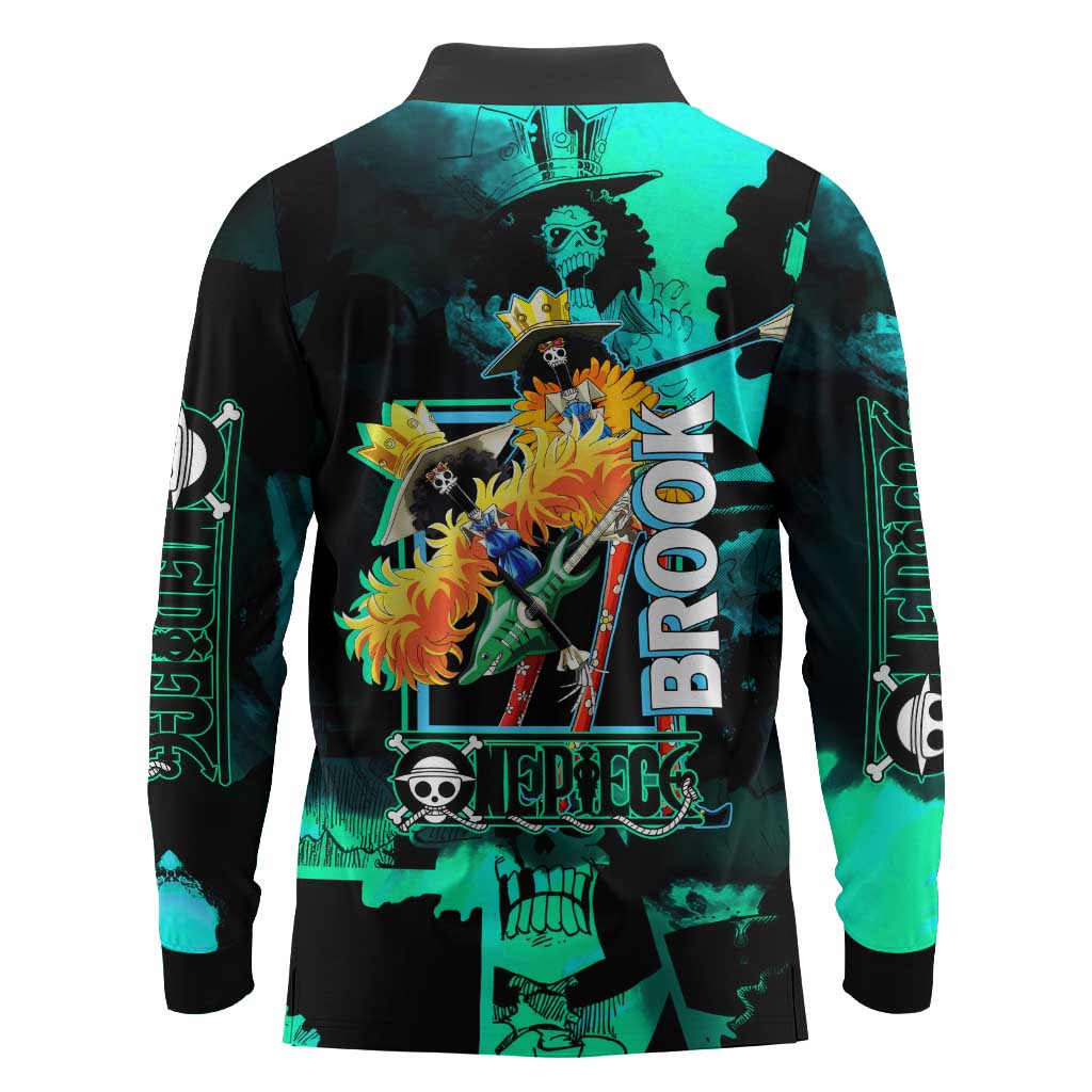 Brook One Piece Green and Black Theme Long Sleeve Polo Shirt with Soul King Guitar and Skeleton Jolly Roger Design - The Mazicc