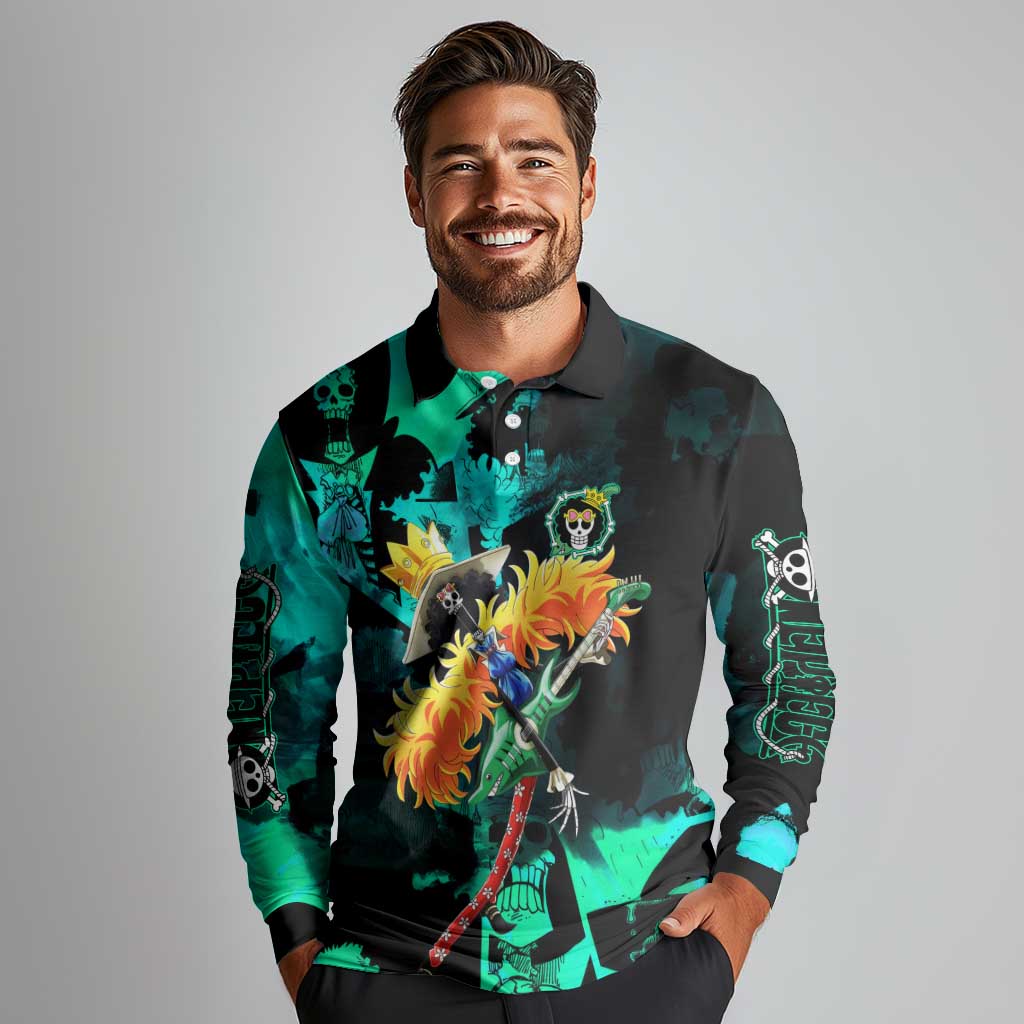 Brook One Piece Green and Black Theme Long Sleeve Polo Shirt with Soul King Guitar and Skeleton Jolly Roger Design - The Mazicc