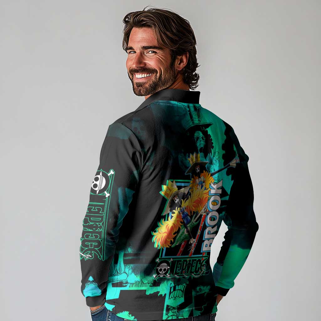 Brook One Piece Green and Black Theme Long Sleeve Polo Shirt with Soul King Guitar and Skeleton Jolly Roger Design - The Mazicc