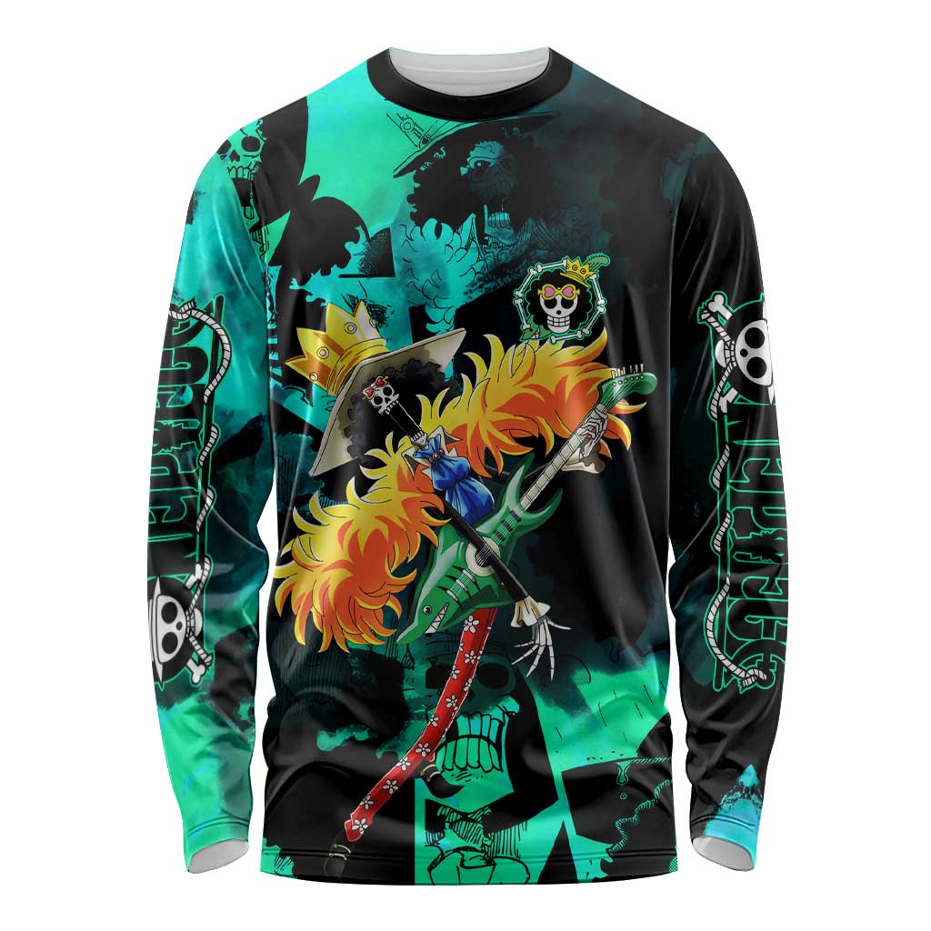 Brook One Piece Green and Black Theme Long Sleeve Shirt with Soul King Guitar and Skeleton Jolly Roger Design - The Mazicc