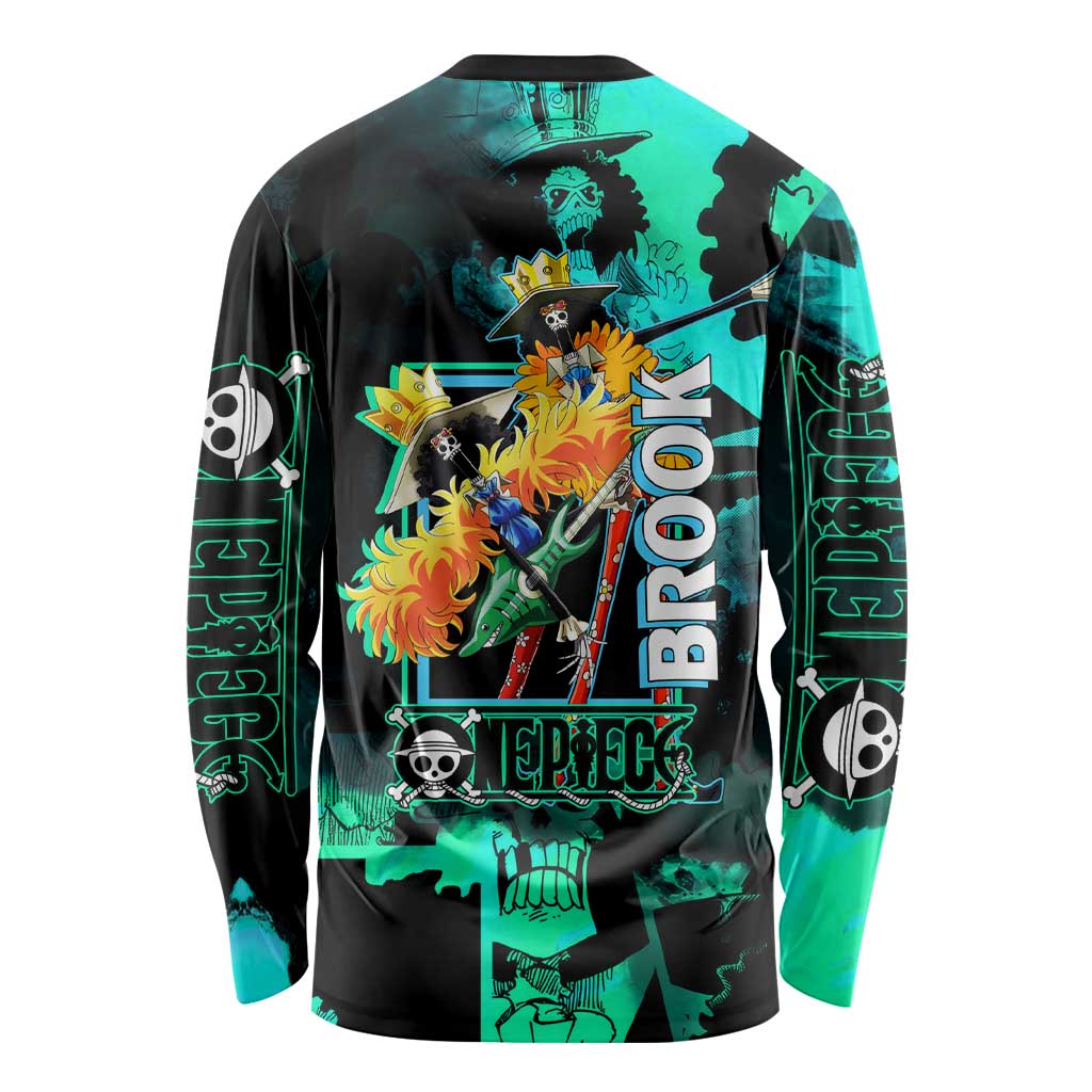 Brook One Piece Green and Black Theme Long Sleeve Shirt with Soul King Guitar and Skeleton Jolly Roger Design - The Mazicc
