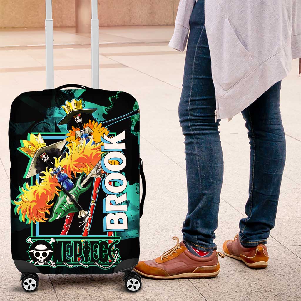 Brook One Piece Green and Black Theme Luggage Cover with Soul King Guitar and Skeleton Jolly Roger Design - The Mazicc