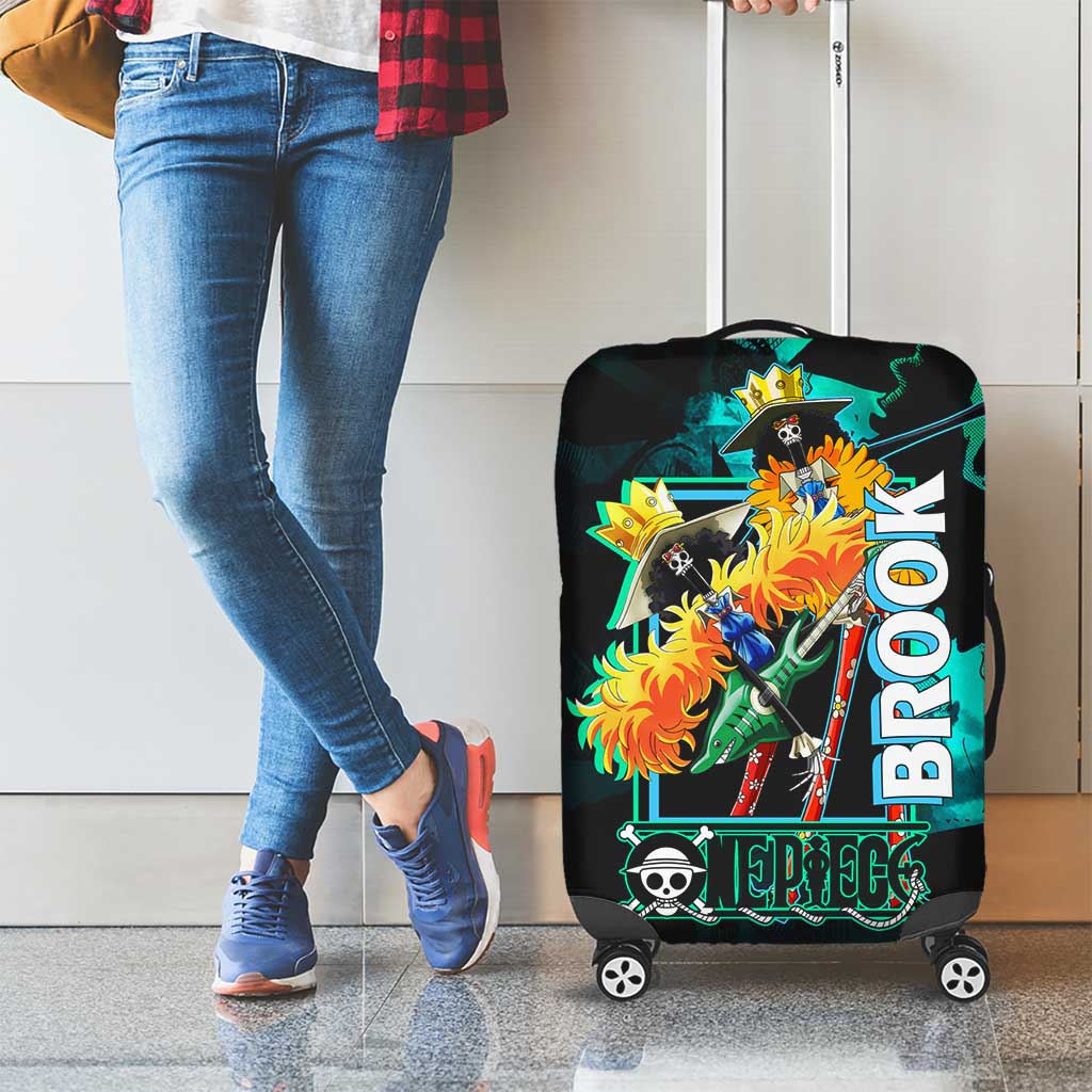 Brook One Piece Green and Black Theme Luggage Cover with Soul King Guitar and Skeleton Jolly Roger Design - The Mazicc