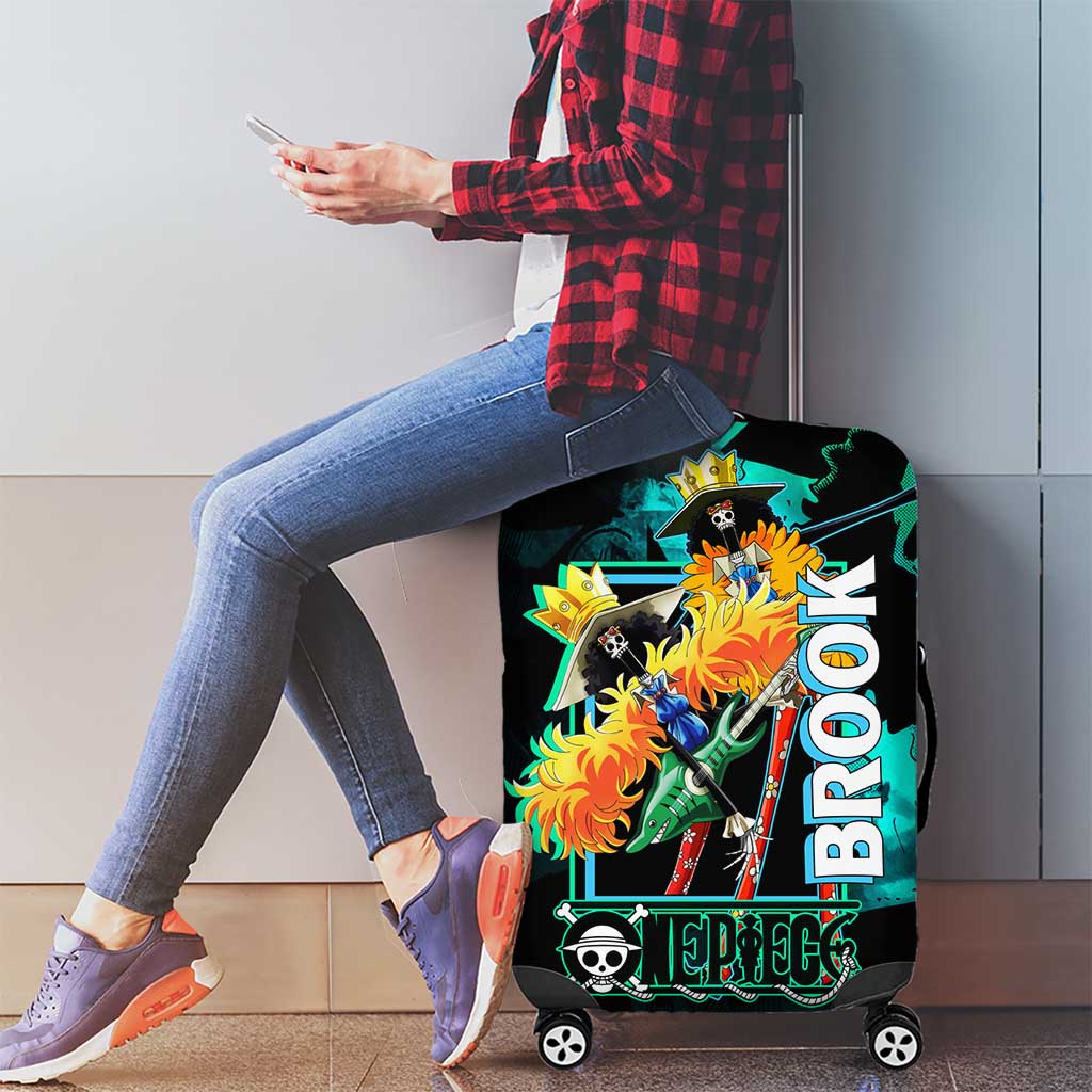 Brook One Piece Green and Black Theme Luggage Cover with Soul King Guitar and Skeleton Jolly Roger Design - The Mazicc