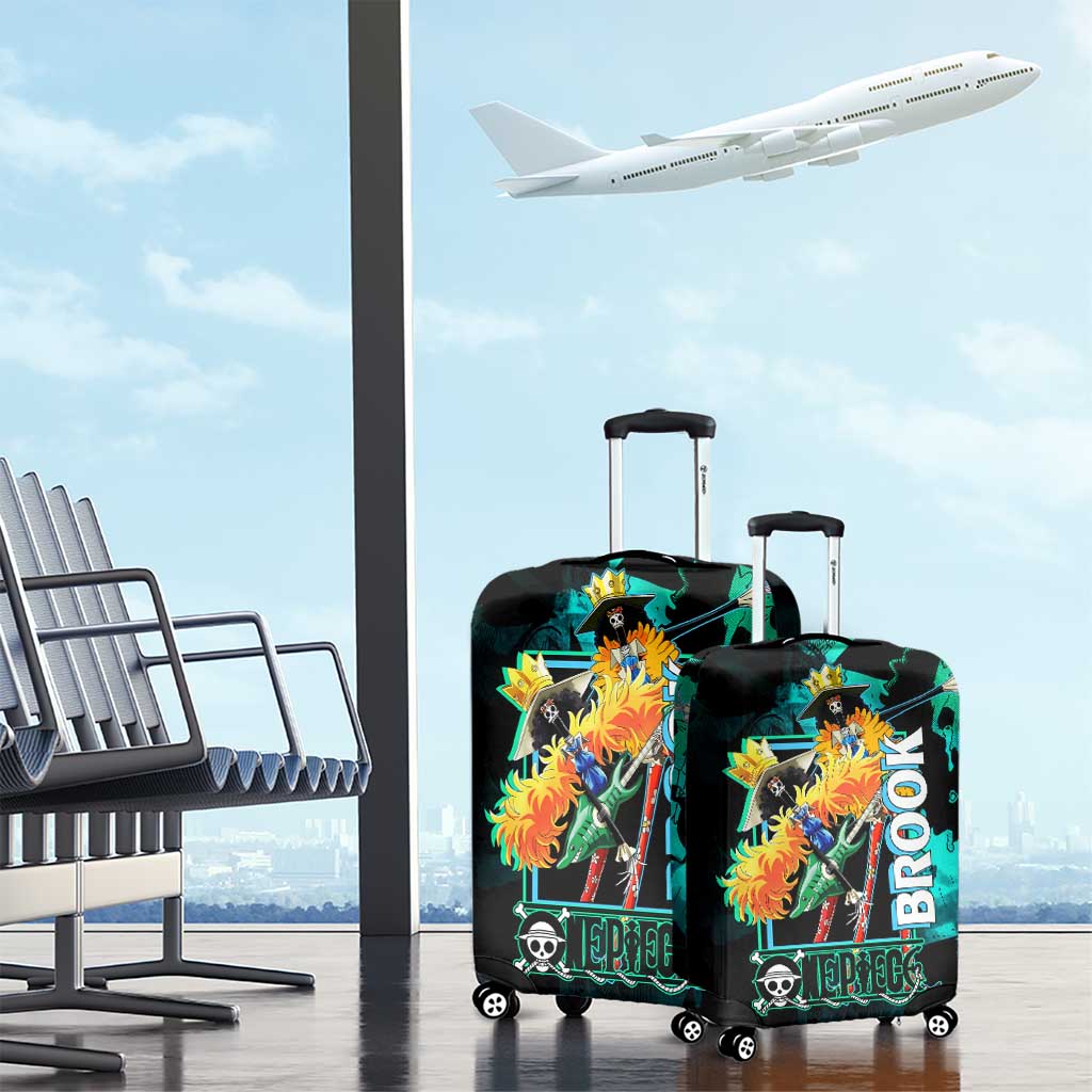 Brook One Piece Green and Black Theme Luggage Cover with Soul King Guitar and Skeleton Jolly Roger Design - The Mazicc