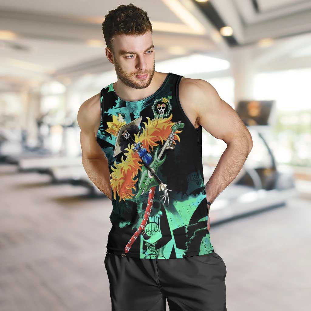Brook One Piece Green and Black Theme Men Tank Top with Soul King Guitar and Skeleton Jolly Roger Design - The Mazicc