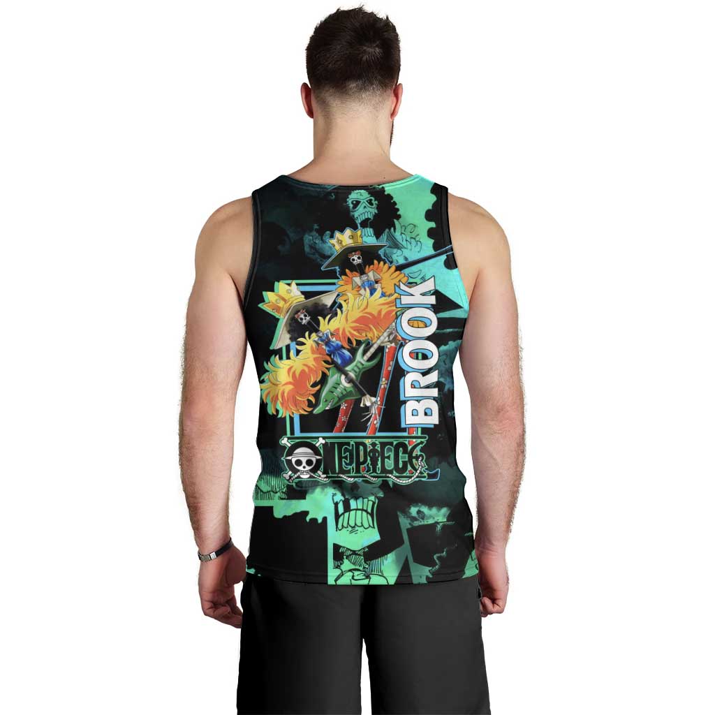 Brook One Piece Green and Black Theme Men Tank Top with Soul King Guitar and Skeleton Jolly Roger Design - The Mazicc