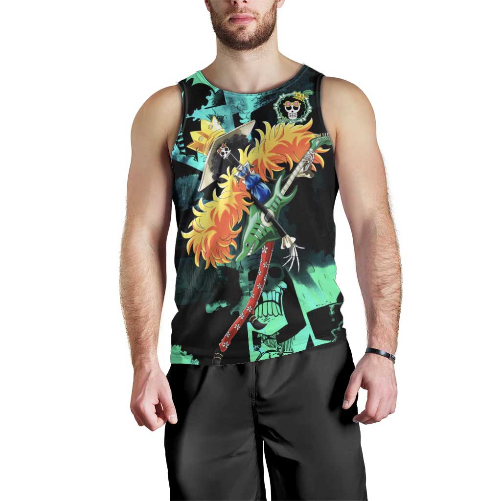 Brook One Piece Green and Black Theme Men Tank Top with Soul King Guitar and Skeleton Jolly Roger Design - The Mazicc